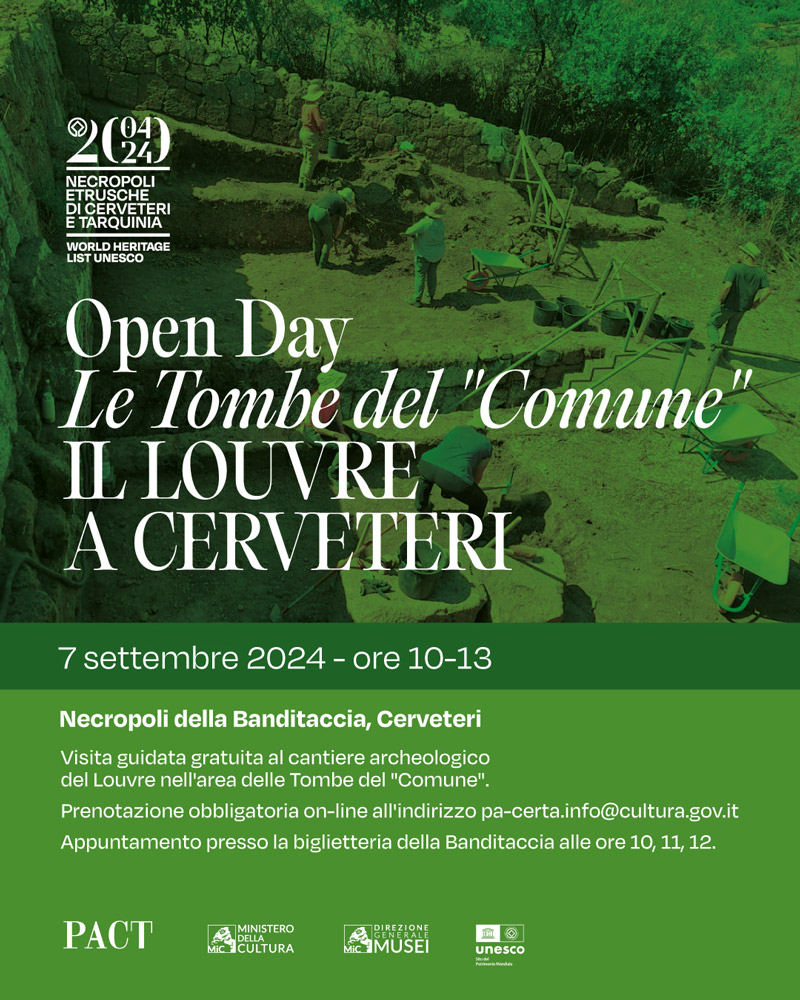 Scopri di più sull'articolo CERVETERI, NECROPOLI DELLA BANDITACCIA, AREA DELLE “TOMBE DEL COMUNE” – OPEN-DAY – SABATO 7 SETTEMBRE IL CANTIERE DEL LOUVRE AVVIATO IN COLLABORAZIONE CON IL PACT A FINE AGOSTO NELLA NECROPOLI DELLA BANDITACCIA,  E TUTTORA IN ATTIVITA’ NELL’AREA DELLE “TOMBE DEL COMUNE”, APRE ECCEZIONALMENTE LE SUE PORTE AL PUBBLICO